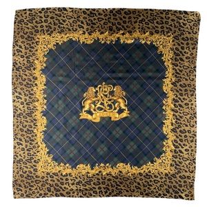 Vintage Ralph Lauren Logo Crest Lion Tartan Plaid Hand Rolled Silk Scarf Shawl